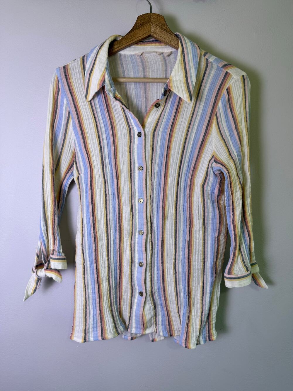 Soft Surroundings Striped Gauze Button Front Tie Sleeve Blouse Women’s PM
